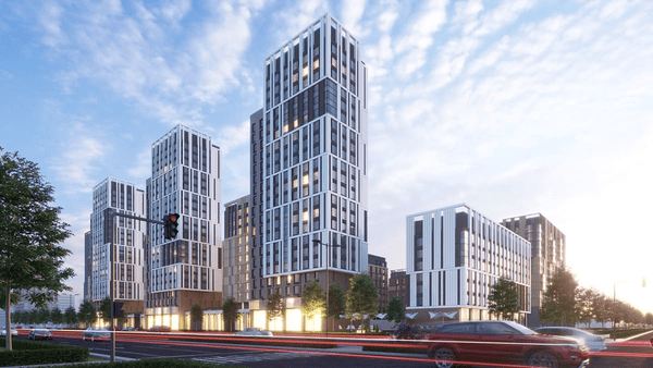 Contemporary apartment buildings with landscaped area