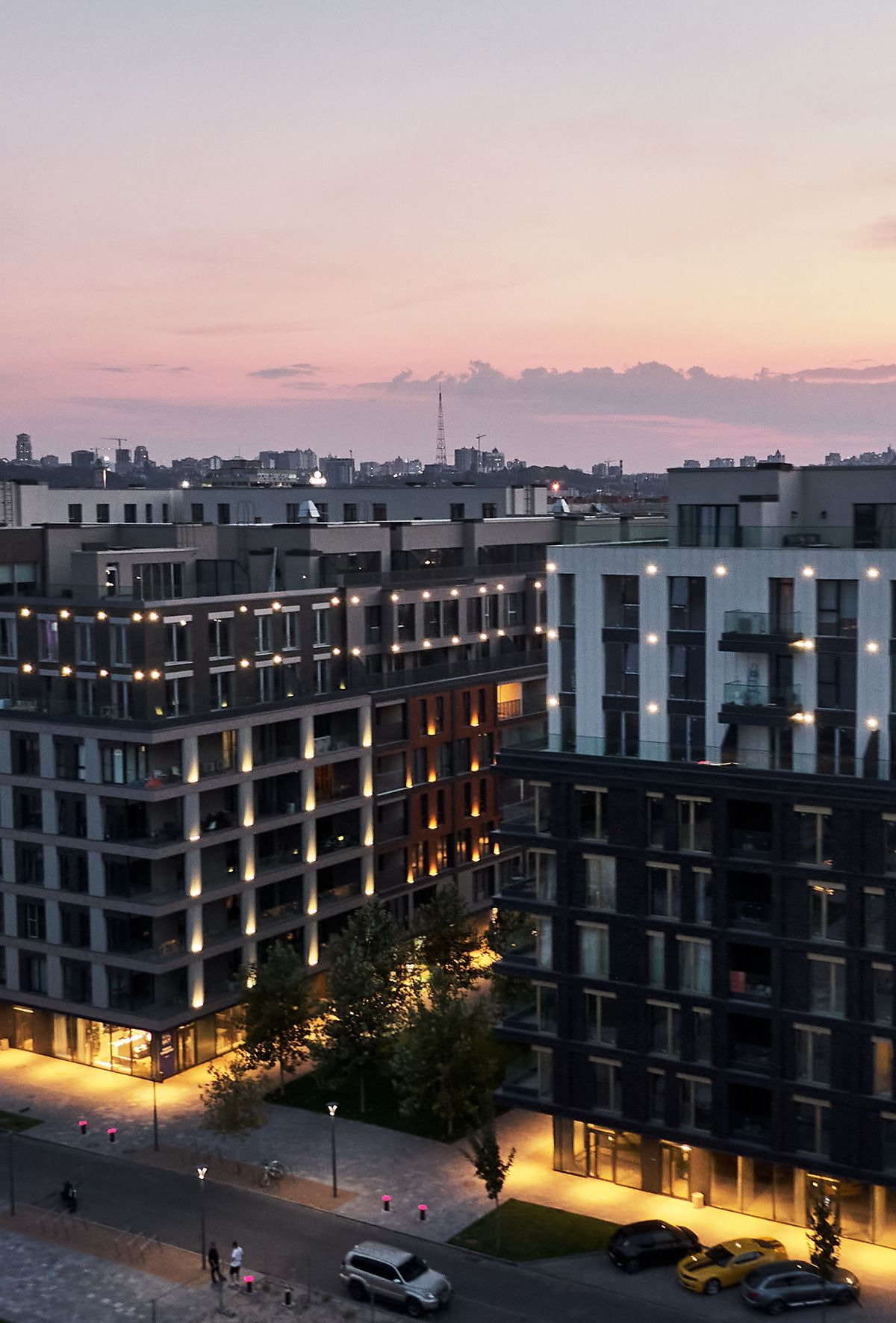 Modern residential complex at sunset
